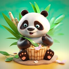 A Cute 3D Panda on a Solid-Color Background.