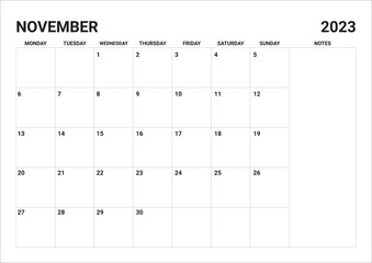 2023 Monthly November calendar include notes