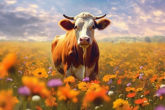 Brown cow in field of flowers below a blue sky in sunlight in spring.