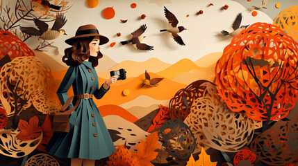 Beautiful girl in blue dress and large elegant hat photographing autumn landscape, in the style of paper cut shapes and layered paper