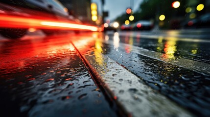 Wet asphalt road with cars in the city lights. Automobiles drive along the lanes of the roadway. Illustration for banner, poster, cover or presentation.