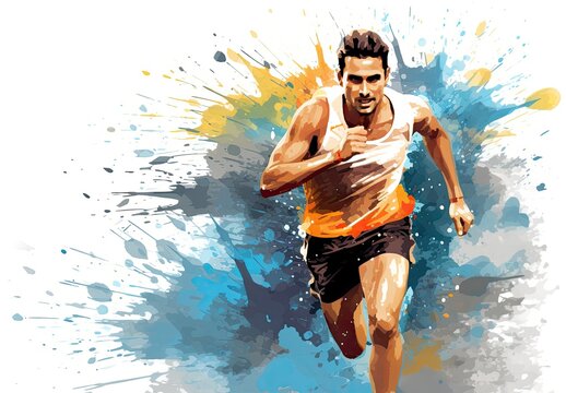 Running man. Marathon runner. People activity. Design for sport. Original acrylic painting background made with paint strokes. Interior painting. Illustration for cover, card, poster or banner.