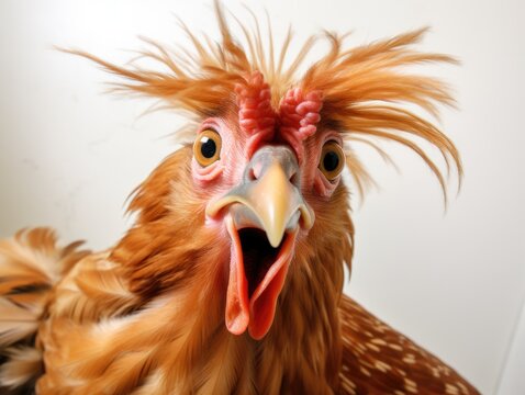 Close-up portrait of a rooster. A domestic bird is looking at something. Illustration with distorted fisheye effect. Design for cover, card, postcard, decor or print.