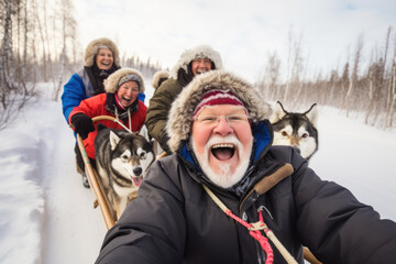 With a team of eager sled dogs, a senior musher leads a thrilling dog sledding adventure through the snowy wilderness.