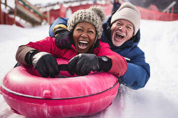 Laughing active senior couple doing winter activity snow tubing.