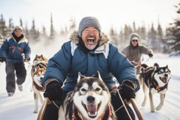 Group of senior adventurers experience the magic of dog sledding as they glide through snowy forests, guided by their loyal canine companions.