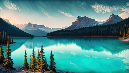 Beautiful illustration of Lake Louise at Banff National Park in Alberta, Canada - obrazy, fototapety, plakaty