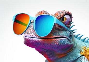 Portrait of an iguana in profile. Funny lizard with sunglasses. Digital art. Illustration for cover, card, flyer, poster or print on t-shirt, bag, etc.