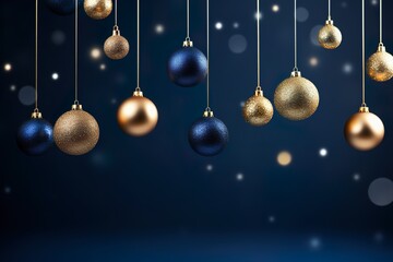 Merry Christmas, festive celebration holiday holidays greeting card - Hanging gold dark blue ornaments (christmas baubles) on blue background | Generative AI