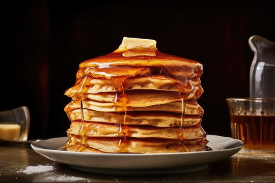 A stack of pancakes with syrup and butter on top Generative AI