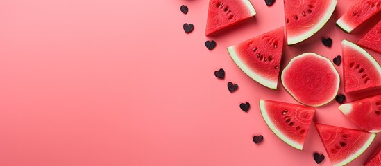 Heart shaped watermelon with space for text arranged flat symbolizing love and Valentine s Day