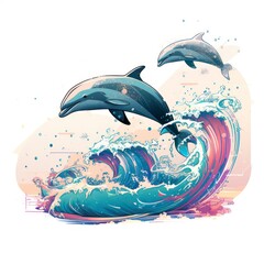 Dolphins jumping from water in the sea in the style of electric dream isolated on white background