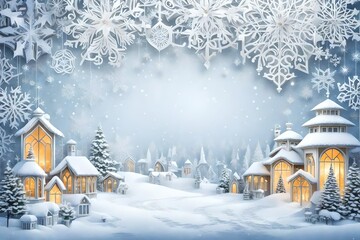 A blank white sign stands amidst a winter wonderland, surrounded by lush Christmas decorations. Delicate snowflakes and twinkling stars fall gently around it, creating a magical scene.