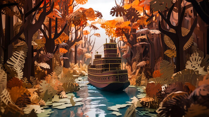 Jungle cruise scene with a boat on a tropical river in autumn, in the style of paper cutouts and layered paper