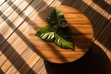  wooden platform with a large leafy green background