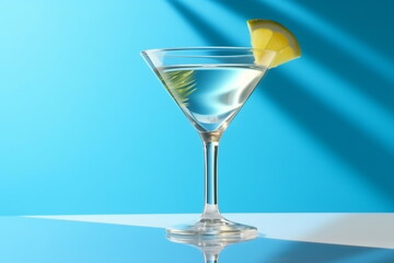 Transparent glass of fresh cocktail with lemon placed on surface against blue background