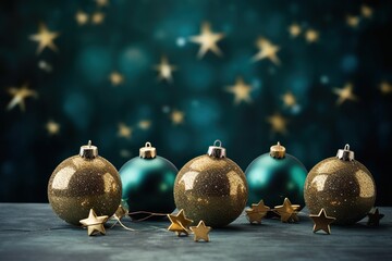 Fototapeta premium Merry Christmas, festive christmas advent celebration holiday holidays background greeting card - Gold dark green ornaments (christmas baubles) and stars on table | Generative AI
