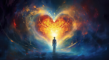 Woman looking at a colorful glowing heart made of light and energy. Symbol of love and kindness in the sky. Vibrant artistic background. - obrazy, fototapety, plakaty