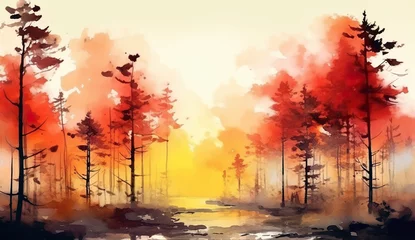 Foto op Aluminium autumn landscape in the forest with watercolors © Dina Studio