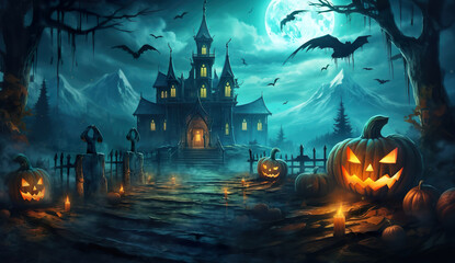 Fototapeta na wymiar Graveyard cemetery to castle In Spooky scary dark Night full moon and bats on dead tree. Holiday event halloween banner background concept. 