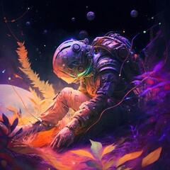 Alien soldier lays on the ground surrounded by an array of colorful alien plants as neon reflections dance across his visor from above He stares up at a massive planet situated in the sky its edges  - obrazy, fototapety, plakaty