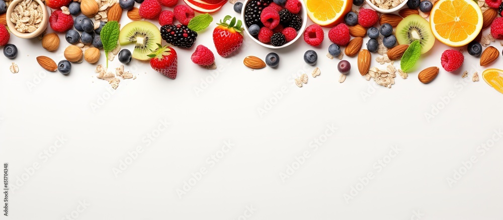 Wall mural Fresh summer fruits muesli nuts grains and space for text on white background Healthy breakfast Top view - Wall murals