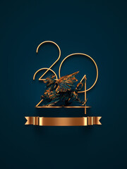 2024 New Year design template with a dragon as a traditional Chinese lunar calendar symbol. 3d render illustration.