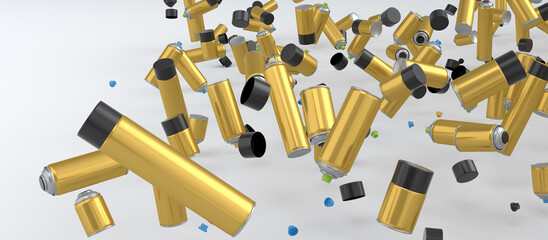 Lots of flying spray paint cans on white background. Spray bottle and dispenser