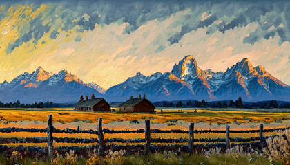 Beautiful painting of an acreage in the Grand Teton area in Wyoming, USA - obrazy, fototapety, plakaty