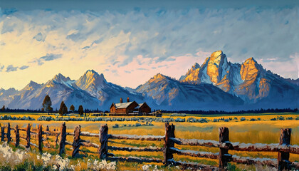 Beautiful painting of an acreage in the Grand Teton area in Wyoming, USA - obrazy, fototapety, plakaty