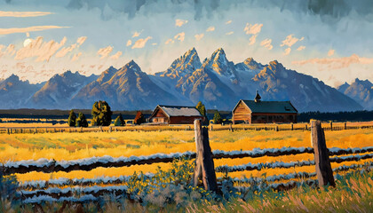 Beautiful painting of an acreage in the Grand Teton area in Wyoming, USA - obrazy, fototapety, plakaty