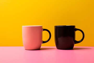 Set of coffee cups in pink yellow pastel color table. Front view