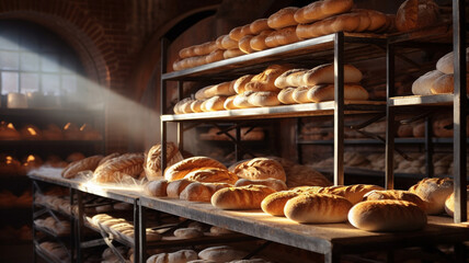 fresh bread on table in modern bakery