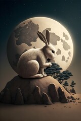 rabbit makes a tear grain with a mortar on the moon backgrund earth Korean Folklore concept design very detailed 8k 