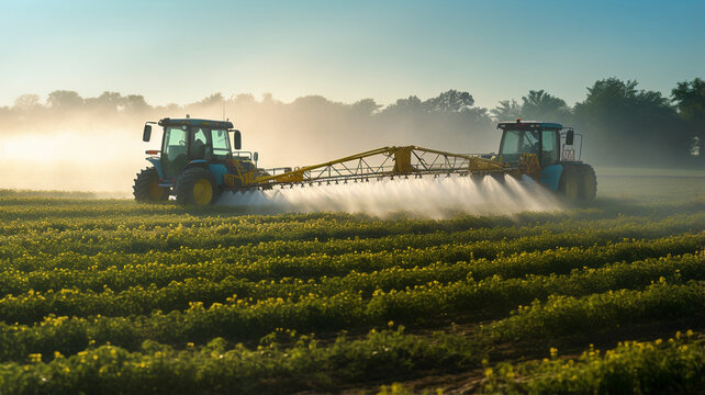 tractor spraying field in spring with sprayer