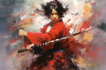 female samurai holding her hand on a katana.