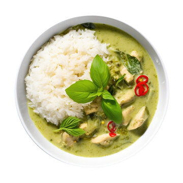 Thai Green Curry and Rice Isolated on a Transparent Background 