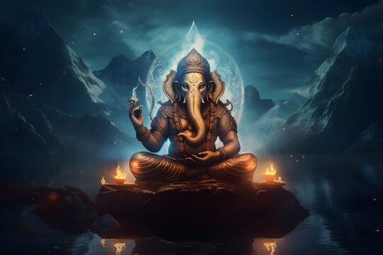 Illustration of Lord Ganesha over Mansarovar, Kailash mountains, northern lights, Ganpati bappa moraya, Happy Ganesh Chaturthi, Generative AI