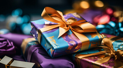 Colorful gift packages close-up - obrazy, fototapety, plakaty