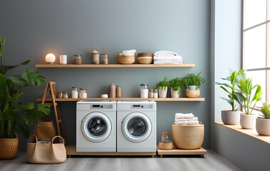 washing machines in a clean organized neat utility laundry room with copy space area