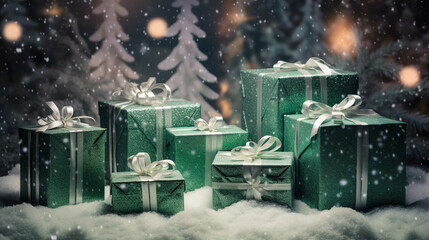 Beautiful green and silver gift packaging with lights in the background