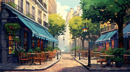 Illustration of a charming street in Europe with cafés