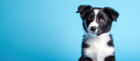 Border collie puppy with stethoscope on blue background at veterinary clinic Concept pet health care and animals Banner