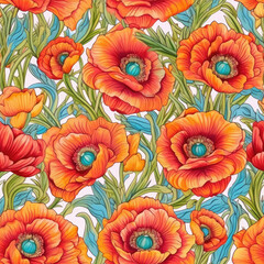 Vibrant poppy flowers in a repeating  seamless pattern, AI Generated