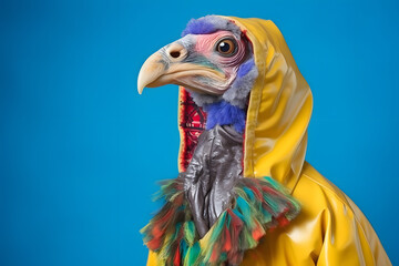 Portrait of a turkey wearing a raincoat and an umbrella in studio, colorful background. Autumn concept. Generative AI - obrazy, fototapety, plakaty