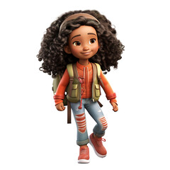 happy, smiling Afro-American girl, cartoon character - back to school, education, learning concept on transparent background
