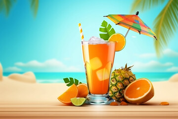 Obraz premium Summer holidays illustration - cocktail on a beach against a sunny sunset seascape