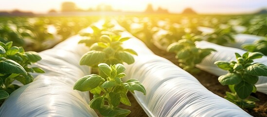 Potato plantation field uses fabric for greenhouse effect protecting young plants from frost - obrazy, fototapety, plakaty