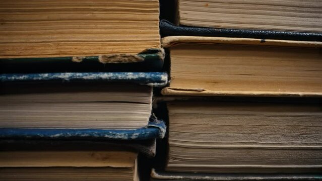 Library stack of old books, slider macro footage in antique shop, bookstore.