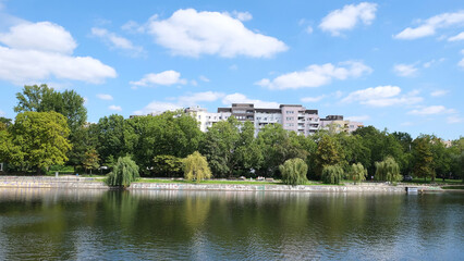 Berlin, Germany, August 11, 2023, summer view over the Landwehrkanal to the housing estate at Böcklerpark